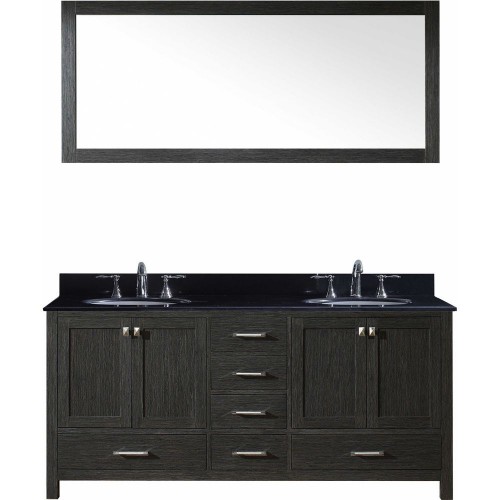 Caroline Premium 72" Double Bathroom Vanity in Zebra Grey with Black Galaxy Granite Top and Round Sink with Mirror