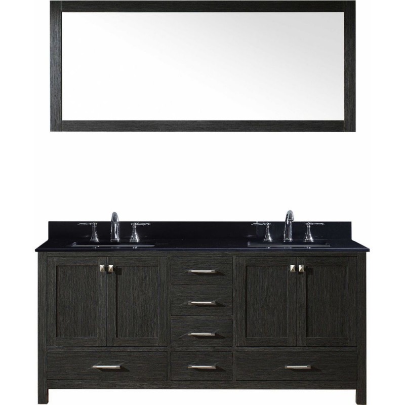 Caroline Premium 72" Double Bathroom Vanity in Zebra Grey with Black Galaxy Granite Top and Square Sink with Mirror