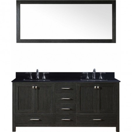 Caroline Premium 72" Double Bathroom Vanity in Zebra Grey with Black Galaxy Granite Top and Square Sink with Mirror