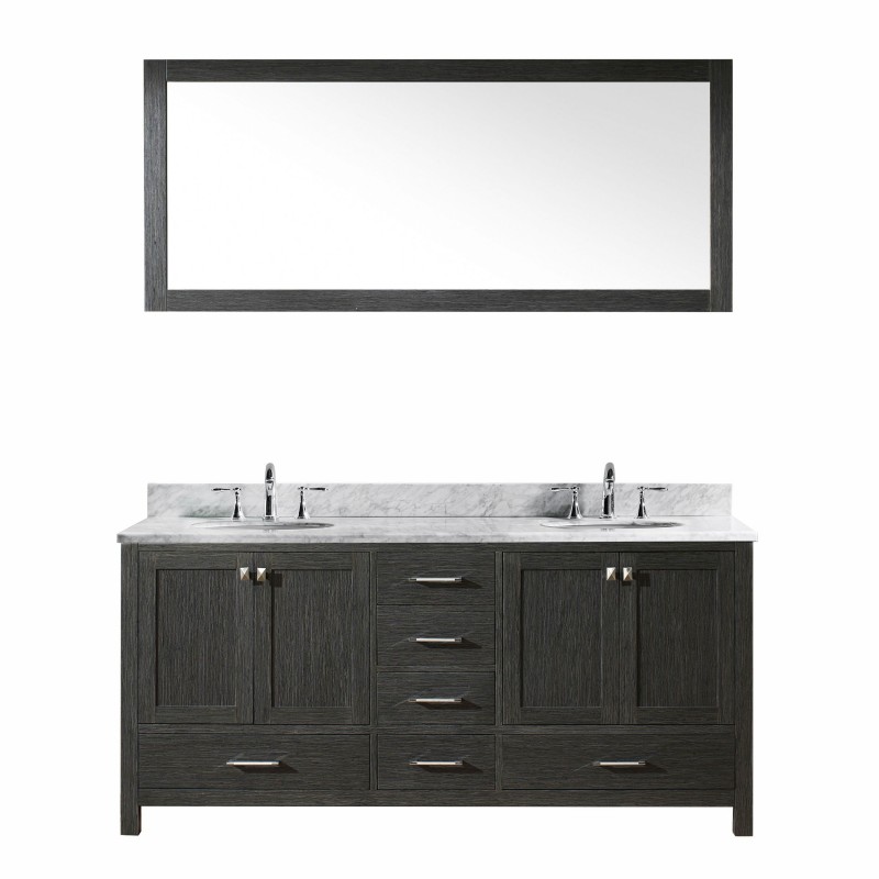 Caroline Premium 72" Double Bathroom Vanity in Zebra Grey with Marble Top and Round Sink with Mirror