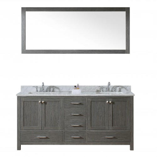 Caroline Premium 72" Double Bathroom Vanity in Zebra Grey with Marble Top and Square Sink with Mirror