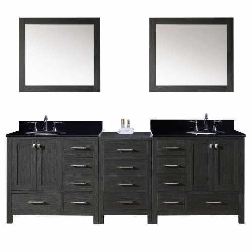 Caroline Premium 90" Double Bathroom Vanity in Zebra Grey with Black Galaxy Granite Top and Round Sink with Mirrors
