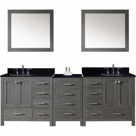 Caroline Premium 90" Double Bathroom Vanity in Zebra Grey with Black Galaxy Granite Top and Square Sink with Mirrors