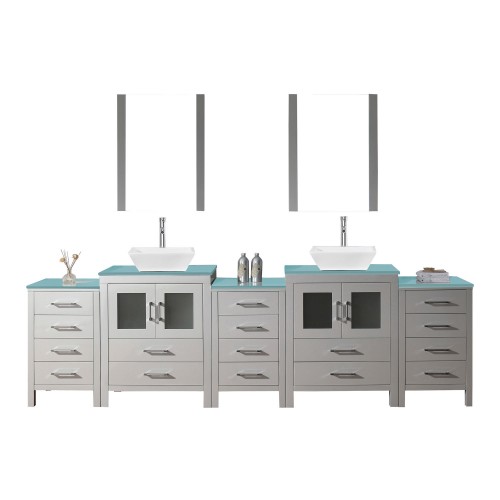 Dior 110" Double Bathroom Vanity in White with Aqua Tempered Glass Top and Square Sink with Polished Chrome Faucet and Mirrors