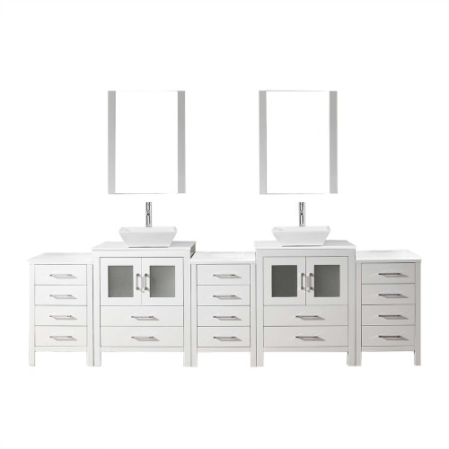 Dior 110" Double Bathroom Vanity in White with White Engineered Stone Top and Square Sink with Polished Chrome Faucet and Mirror