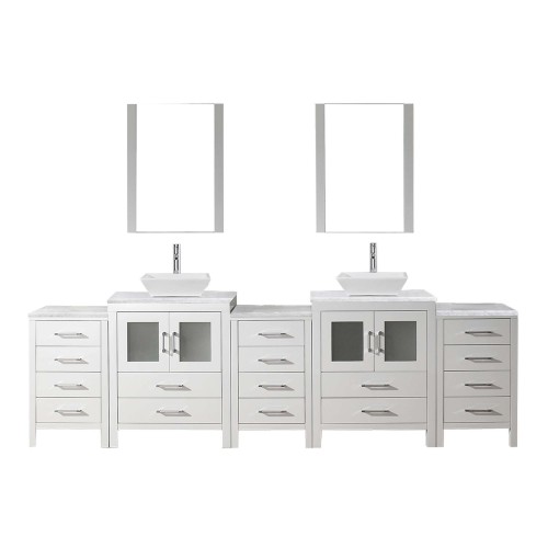 Dior 110" Double Bathroom Vanity in White with Marble Top and Square Sink with Polished Chrome Faucet and Mirrors