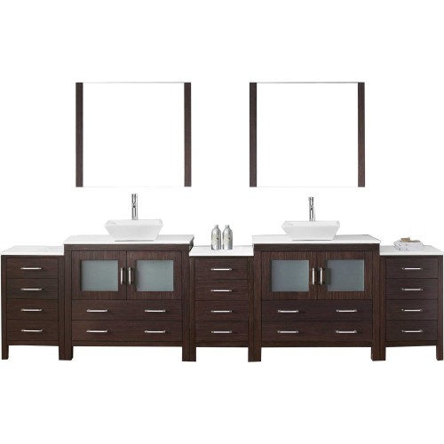 Dior 118" Double Bathroom Vanity in Espresso with White Engineered Stone Top and Square Sink with Polished Chrome Faucet and Mir