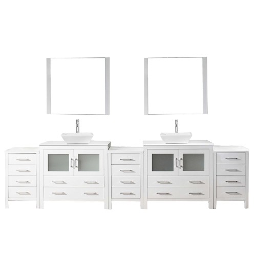 Dior 118" Double Bathroom Vanity in White with White Engineered Stone Top and Square Sink with Polished Chrome Faucet and Mirror