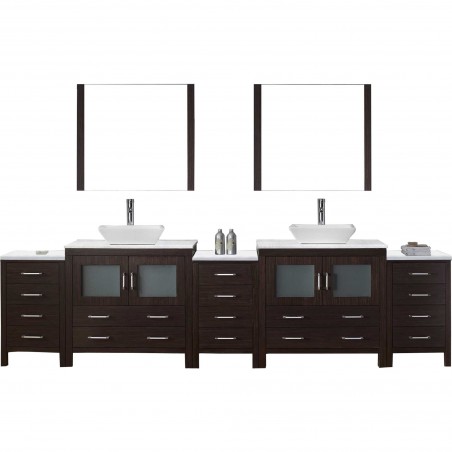 Dior 118" Double Bathroom Vanity in Espresso with Marble Top and Square Sink with Polished Chrome Faucet and Mirrors