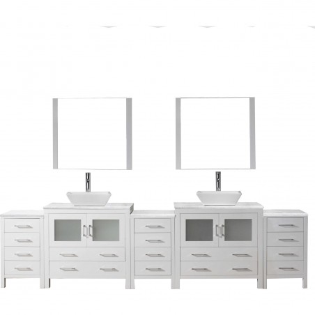 Dior 118" Double Bathroom Vanity in White with Marble Top and Square Sink with Polished Chrome Faucet and Mirrors