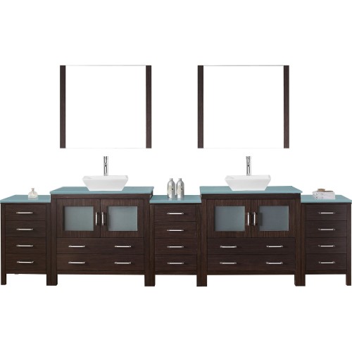 Dior 126" Double Bathroom Vanity in Espresso with Aqua Tempered Glass Top and Square Sink with Polished Chrome Faucet and Mirror
