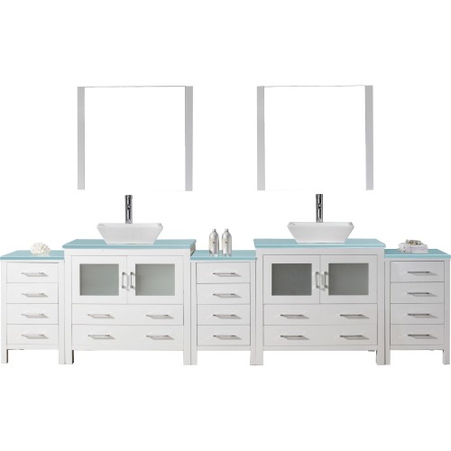 Dior 126" Double Bathroom Vanity in White with Aqua Tempered Glass Top and Square Sink with Brushed Nickel Faucet and Mirrors