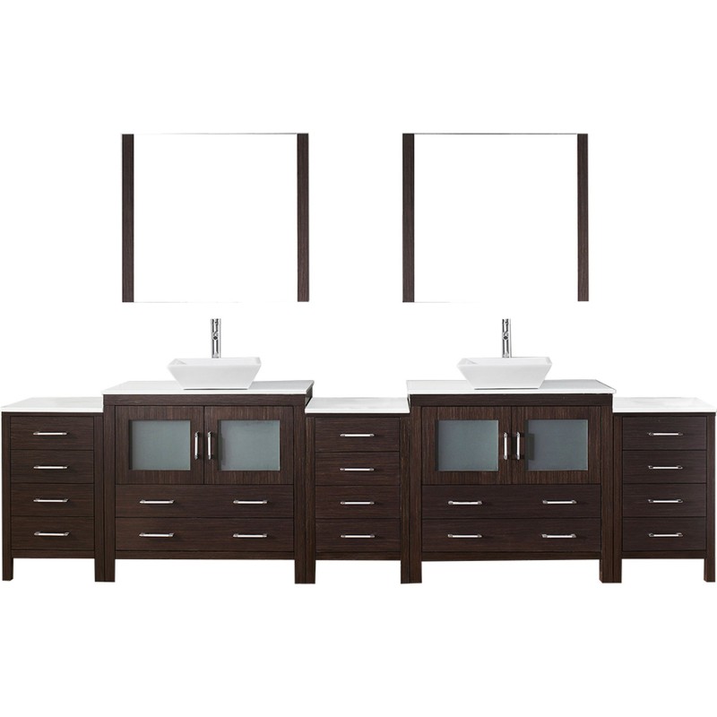 Dior 126" Double Bathroom Vanity in Espresso with White Engineered Stone Top and Square Sink with Polished Chrome Faucet and Mir