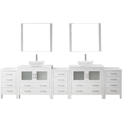 Dior 126" Double Bathroom Vanity in White with White Engineered Stone Top and Square Sink with Polished Chrome Faucet and Mirror