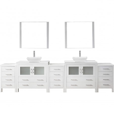 Dior 126" Double Bathroom Vanity in White with White Engineered Stone Top and Square Sink with Polished Chrome Faucet and Mirror
