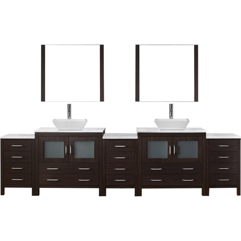 Dior 126" Double Bathroom Vanity in Espresso with Marble Top and Square Sink with Polished Chrome Faucet and Mirrors