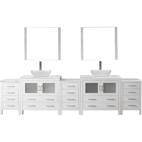 Dior 126" Double Bathroom Vanity in White with Marble Top and Square Sink with Polished Chrome Faucet and Mirrors