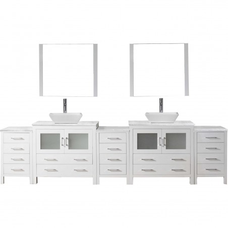 Dior 126" Double Bathroom Vanity in White with Marble Top and Square Sink with Polished Chrome Faucet and Mirrors