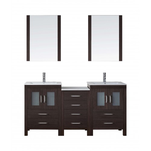 Dior 66" Double Bathroom Vanity in Espresso with Slim White Ceramic Top and Square Sink with Brushed Nickel Faucet and Mirrors
