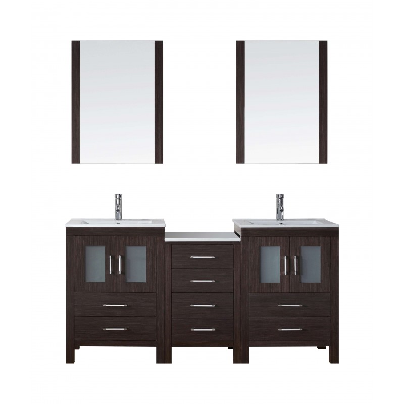 Dior 66" Double Bathroom Vanity in Espresso with Slim White Ceramic Top and Square Sink with Brushed Nickel Faucet and Mirrors