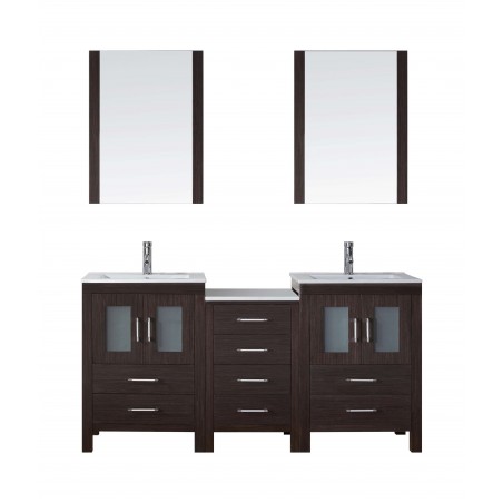 Dior 66" Double Bathroom Vanity in Espresso with Slim White Ceramic Top and Square Sink with Brushed Nickel Faucet and Mirrors