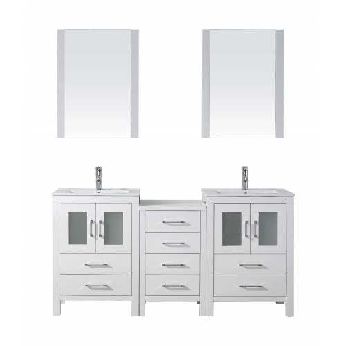 Dior 66" Double Bathroom Vanity in White with Slim White Ceramic Top and Square Sink with Brushed Nickel Faucet and Mirrors