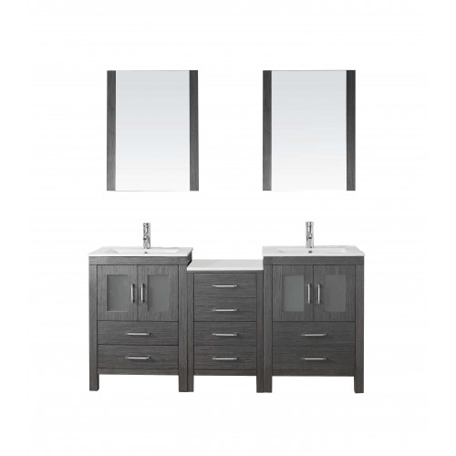 Dior 66" Double Bathroom Vanity in Zebra Grey with Slim White Ceramic Top and Square Sink with Brushed Nickel Faucet and Mirrors