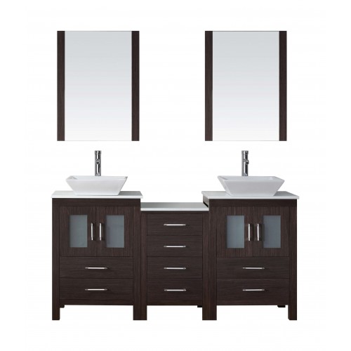 Dior 66" Double Bathroom Vanity in Espresso with White Engineered Stone Top and Square Sink with Brushed Nickel Faucet and Mirro