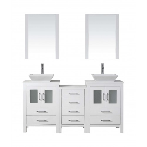 Dior 66" Double Bathroom Vanity in White with White Engineered Stone Top and Square Sink with Brushed Nickel Faucet and Mirrors