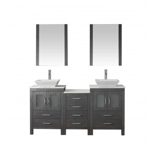 Dior 66" Double Bathroom Vanity in Zebra Grey with White Engineered Stone Top and Square Sink with Brushed Nickel Faucet and Mir