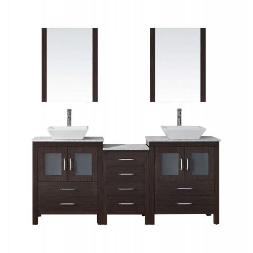 Dior 66" Double Bathroom Vanity in Espresso with Marble Top and Square Sink with Brushed Nickel Faucet and Mirrors