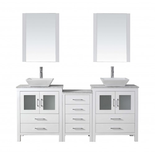 Dior 66" Double Bathroom Vanity in White with Marble Top and Square Sink with Brushed Nickel Faucet and Mirrors