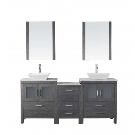 Dior 66" Double Bathroom Vanity in Zebra Grey with Marble Top and Square Sink with Brushed Nickel Faucet and Mirrors