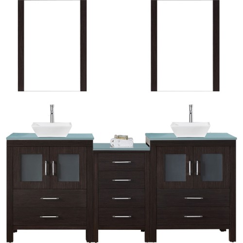 Dior 74" Double Bathroom Vanity in Espresso with Aqua Tempered Glass Top and Square Sink with Polished Chrome Faucet and Mirrors
