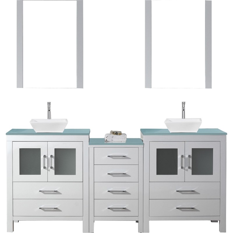 Dior 74" Double Bathroom Vanity in White with Aqua Tempered Glass Top and Square Sink with Polished Chrome Faucet and Mirrors