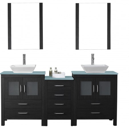 Dior 74" Double Bathroom Vanity in Zebra Grey with Aqua Tempered Glass Top and Square Sink with Polished Chrome Faucet and Mirro