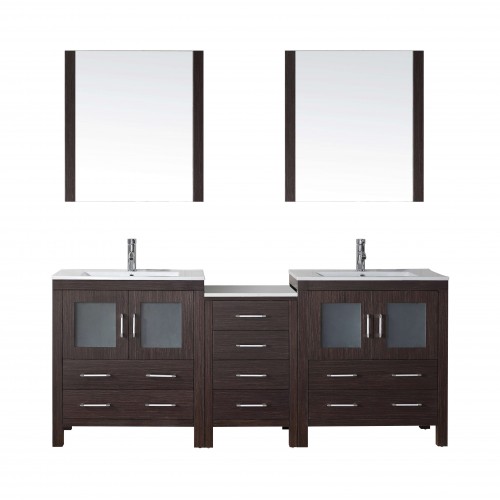 Dior 78" Double Bathroom Vanity in Espresso with Slim White Ceramic Top and Square Sink with Brushed Nickel Faucet and Mirrors