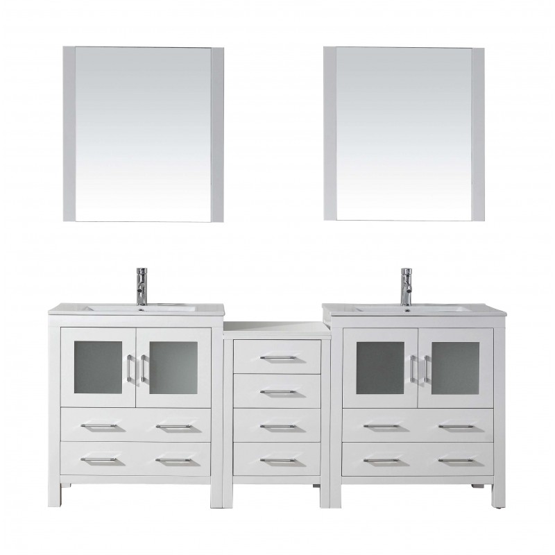 Dior 78" Double Bathroom Vanity in White with Slim White Ceramic Top and Square Sink with Brushed Nickel Faucet and Mirrors