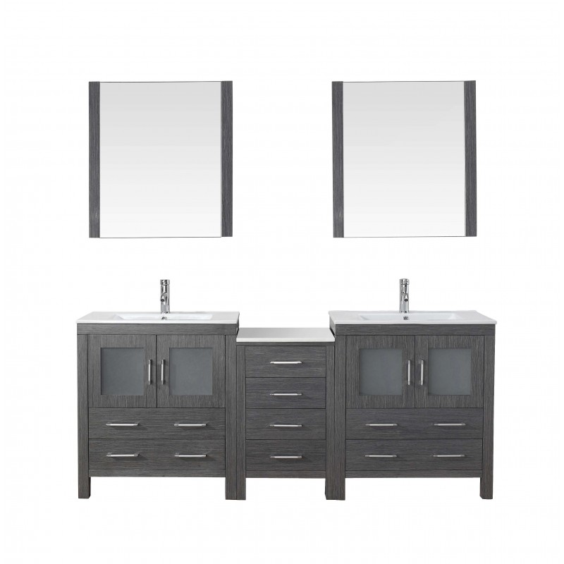 Dior 78" Double Bathroom Vanity in Zebra Grey with Slim White Ceramic Top and Square Sink with Brushed Nickel Faucet and Mirrors