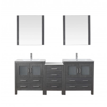 Dior 78" Double Bathroom Vanity in Zebra Grey with Slim White Ceramic Top and Square Sink with Brushed Nickel Faucet and Mirrors