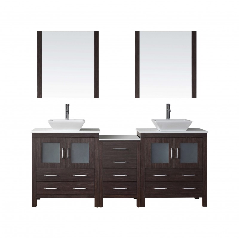 Dior 78" Double Bathroom Vanity in Espresso with White Engineered Stone Top and Square Sink with Brushed Nickel Faucet and Mirro