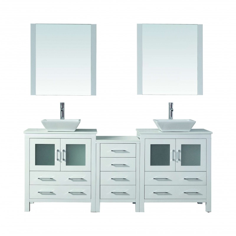 Dior 78" Double Bathroom Vanity in White with White Engineered Stone Top and Square Sink with Brushed Nickel Faucet and Mirrors