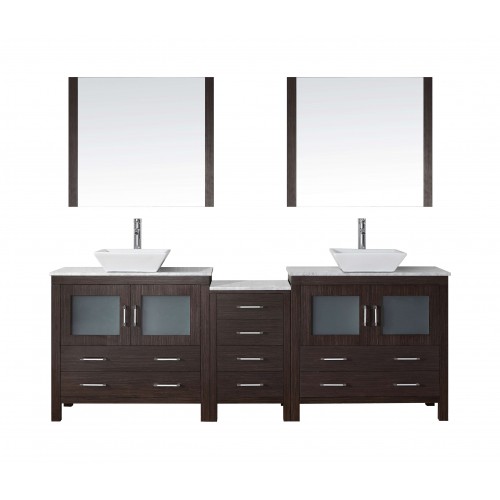 Dior 78" Double Bathroom Vanity in Espresso with Marble Top and Square Sink with Brushed Nickel Faucet and Mirrors