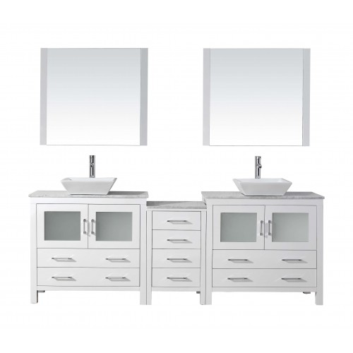 Dior 78" Double Bathroom Vanity in White with Marble Top and Square Sink with Brushed Nickel Faucet and Mirrors