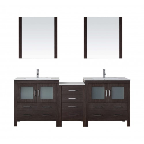 Dior 82" Double Bathroom Vanity in Espresso with Slim White Ceramic Top and Square Sink with Brushed Nickel Faucet and Mirrors