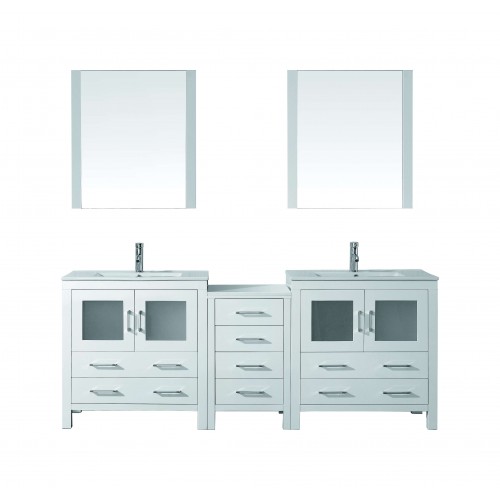 Dior 82" Double Bathroom Vanity in White with Slim White Ceramic Top and Square Sink with Brushed Nickel Faucet and Mirrors