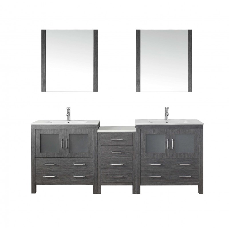 Dior 82" Double Bathroom Vanity in Zebra Grey with Slim White Ceramic Top and Square Sink with Brushed Nickel Faucet and Mirrors