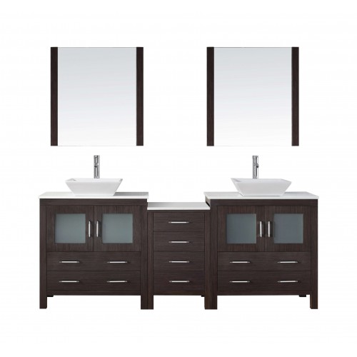 Dior 82" Double Bathroom Vanity in Espresso with White Engineered Stone Top and Square Sink with Brushed Nickel Faucet and Mirro