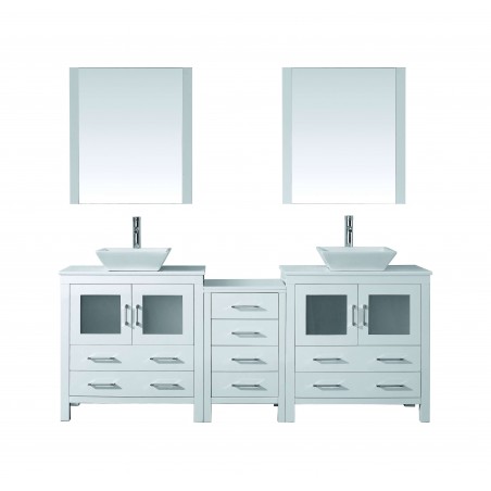 Dior 82" Double Bathroom Vanity in White with White Engineered Stone Top and Square Sink with Brushed Nickel Faucet and Mirrors