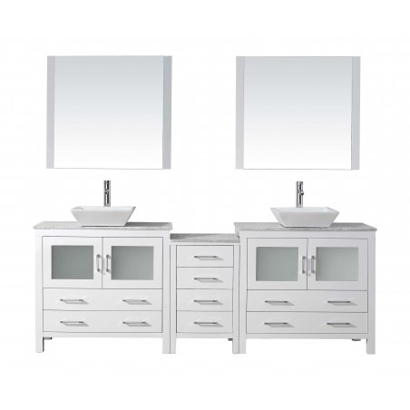 Dior 82" Double Bathroom Vanity in White with Marble Top and Square Sink with Brushed Nickel Faucet and Mirrors